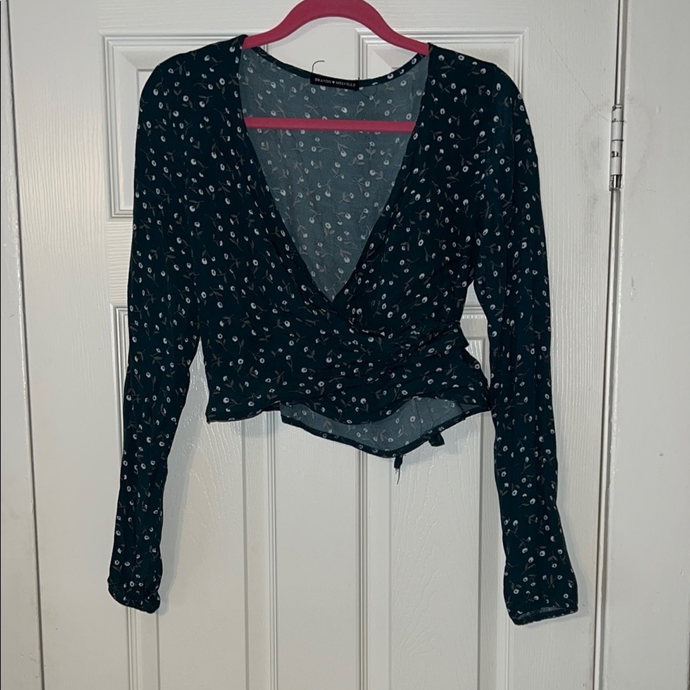 Brandy Melville Green Floral Wrap Crop Blouse